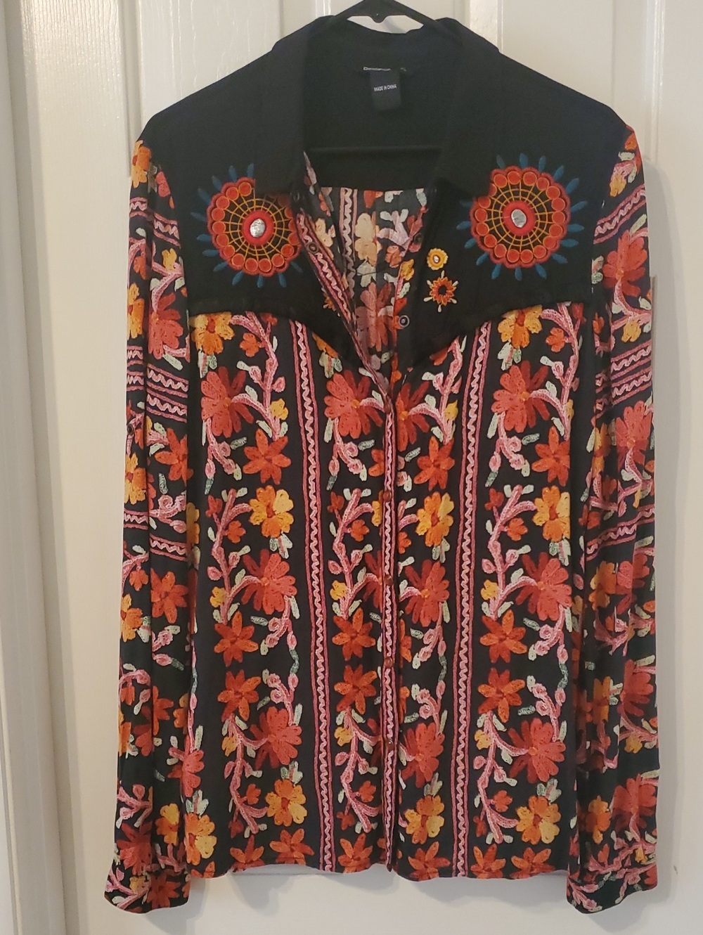 Desigual Black Snap Button Shirt with Orange, Yellow & Pink Floral Embroidery